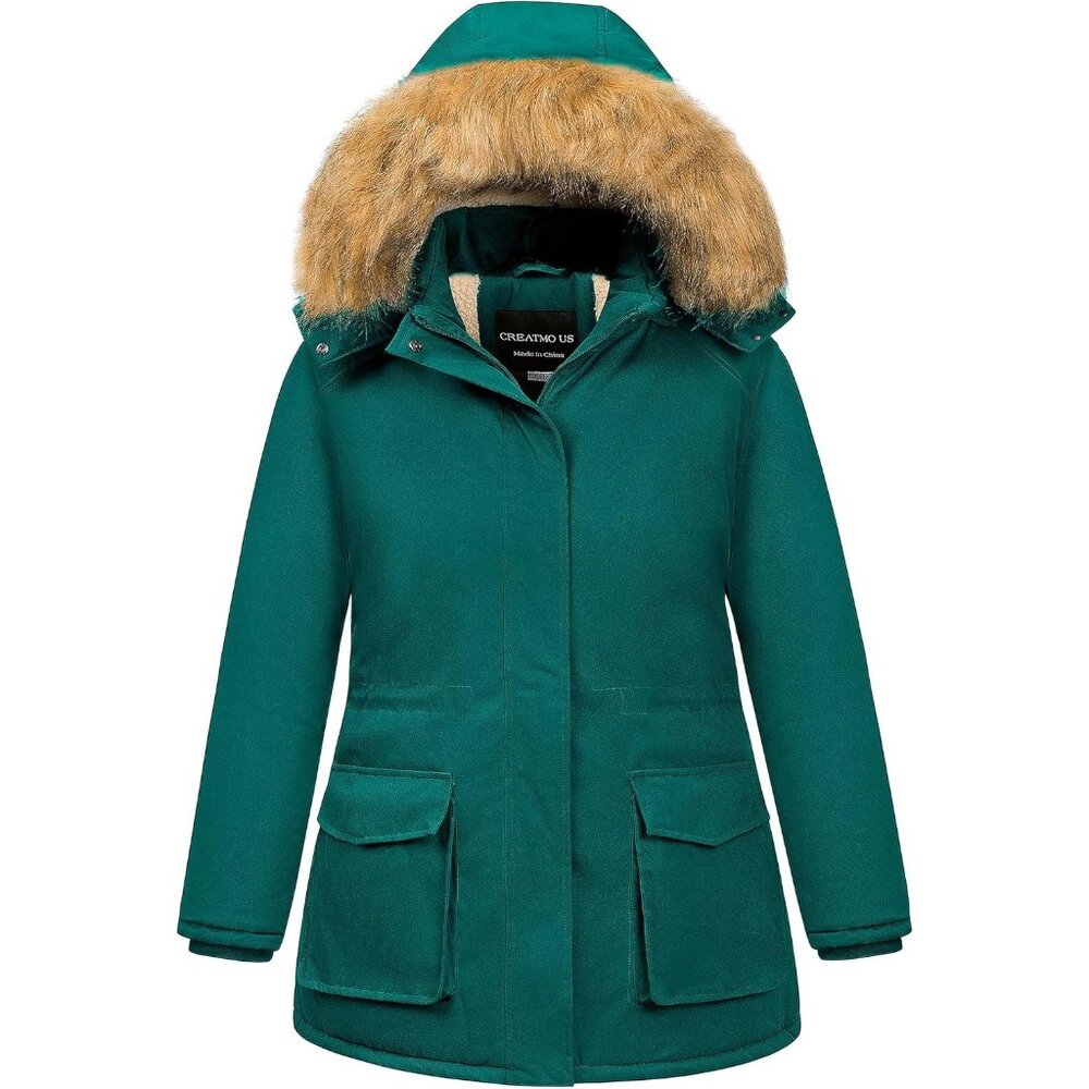Women's Green Hood Jackets Coats Detachable Fur Lined Zipper Pocket Designed